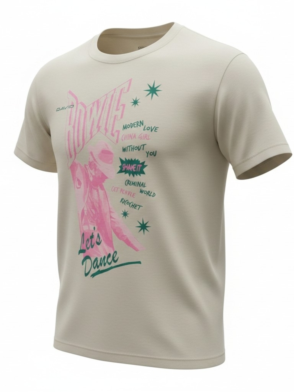 David Bowie Womens T Shirt Large Let’s Dance Graphic Tee Beige Pink Green NWT